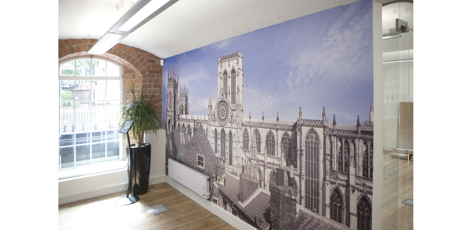 Printed Wall paper of York Minster installed For Grantside Ltd in the Bonding Warehouse